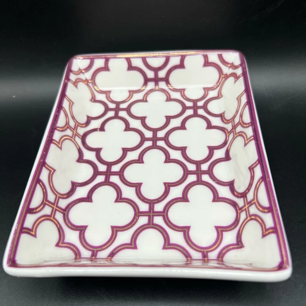 I. Godinger & Co. Trinket Jewelry Dish Tray Rectangle White W/ Purple & Gold